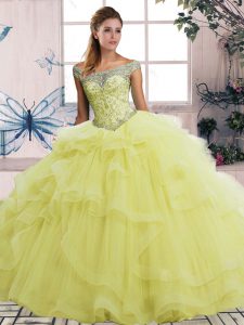 Romantic Yellow Ball Gowns Beading and Ruffles Quinceanera Gown Lace Up Tulle Sleeveless Floor Length
