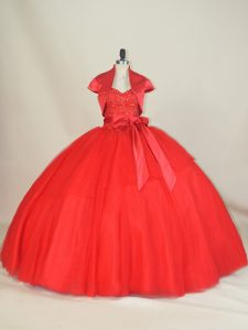 Fine Red Ball Gowns Sweetheart Sleeveless Tulle Floor Length Lace Up Beading and Bowknot Sweet 16 Quinceanera Dress