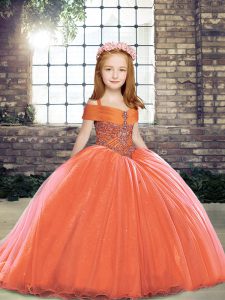 Amazing Orange Red Tulle Lace Up Straps Sleeveless Floor Length Kids Pageant Dress Beading