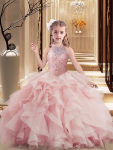 Organza Scoop Sleeveless Lace Up Beading and Ruffles Pageant Dress for Teens in Pink
