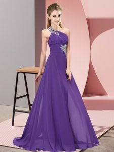 Spectacular Floor Length Lace Up Evening Dresses Purple for Prom and Party with Beading