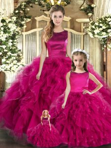 Fuchsia Sleeveless Tulle Lace Up Ball Gown Prom Dress for Military Ball and Sweet 16 and Quinceanera