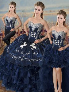 Navy Blue Lace Up Sweetheart Embroidery and Ruffles Ball Gown Prom Dress Satin and Organza Sleeveless