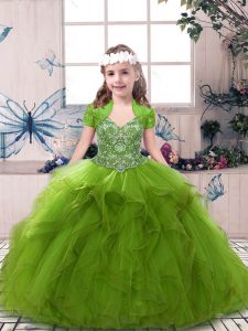Gorgeous Olive Green Tulle Lace Up Straps Sleeveless Floor Length Pageant Dresses Beading