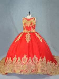 Custom Made Red Ball Gowns Scoop Sleeveless Tulle Court Train Lace Up Appliques Quinceanera Dress