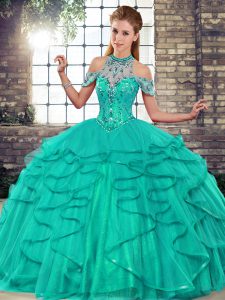 Glorious Turquoise Lace Up Halter Top Beading and Ruffles Sweet 16 Dresses Tulle Sleeveless