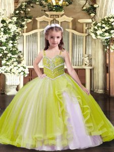Sleeveless Tulle Floor Length Lace Up Evening Gowns in Yellow Green with Beading