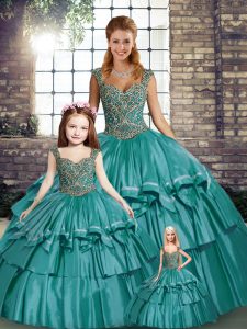 Elegant Ball Gowns Sweet 16 Quinceanera Dress Teal Straps Taffeta Sleeveless Floor Length Lace Up