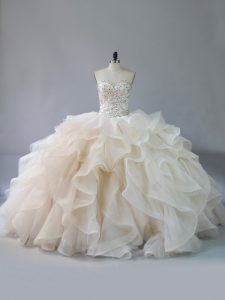 Champagne Quinceanera Dresses Sweet 16 and Quinceanera with Beading and Ruffles Sweetheart Sleeveless Brush Train Lace Up
