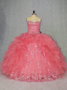Comfortable Watermelon Red Sleeveless Floor Length Beading and Ruffles Lace Up Sweet 16 Quinceanera Dress