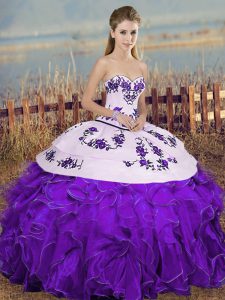 Beauteous White And Purple Ball Gowns Organza Sweetheart Sleeveless Embroidery and Ruffles and Bowknot Floor Length Lace Up Ball Gown Prom Dress
