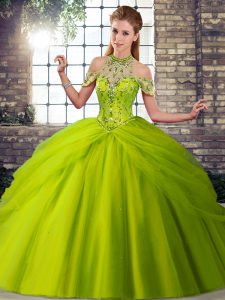 Brush Train Ball Gowns Quinceanera Gowns Olive Green Halter Top Tulle Sleeveless Lace Up