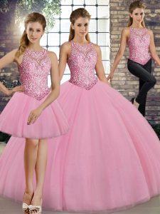 Shining Three Pieces 15th Birthday Dress Pink Scoop Tulle Sleeveless Floor Length Lace Up