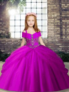 Sleeveless Tulle Floor Length Lace Up Pageant Dress in Fuchsia with Beading