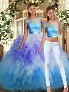 Excellent Sleeveless Tulle Floor Length Backless Quince Ball Gowns in Multi-color with Lace and Ruffles