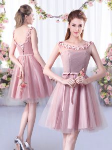 Exquisite Pink Lace Up Scoop Appliques and Belt Dama Dress for Quinceanera Tulle Sleeveless