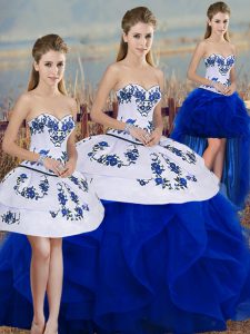 Sleeveless Tulle Floor Length Lace Up Quinceanera Dress in Royal Blue with Embroidery and Ruffles and Bowknot