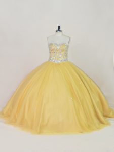 Beautiful Gold Sleeveless Tulle Lace Up Quinceanera Dress for Sweet 16 and Quinceanera
