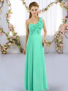 Turquoise Sleeveless Floor Length Hand Made Flower Lace Up Bridesmaid Dresses