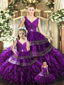 Organza V-neck Sleeveless Backless Beading and Embroidery and Ruffles Quinceanera Dresses in Purple