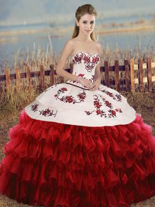 New Arrival White And Red Organza Lace Up Sweet 16 Quinceanera Dress Sleeveless Floor Length Embroidery and Ruffled Layers and Bowknot