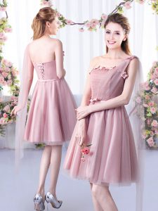 Pink Tulle Lace Up Bridesmaid Dress Sleeveless Knee Length Appliques and Belt