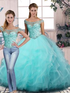 Enchanting Aqua Blue Two Pieces Off The Shoulder Sleeveless Tulle Floor Length Lace Up Beading and Ruffles Quince Ball Gowns