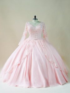 Baby Pink Long Sleeves Floor Length Beading and Appliques Lace Up Sweet 16 Dresses