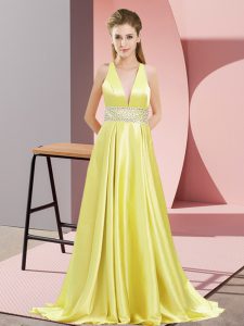 Sleeveless Elastic Woven Satin Brush Train Backless Prom Evening Gown in Yellow with Beading