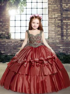 Red Lace Up Straps Beading Pageant Gowns For Girls Taffeta Sleeveless