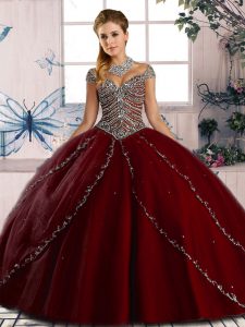 Beading Quince Ball Gowns Wine Red Lace Up Cap Sleeves Brush Train