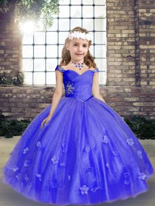 Custom Designed Straps Sleeveless Tulle Kids Formal Wear Beading and Hand Made Flower Lace Up
