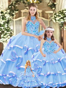 Blue Ball Gowns Halter Top Sleeveless Organza Lace Up Embroidery and Ruffled Layers Quinceanera Gown