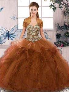 Fantastic Brown Off The Shoulder Neckline Beading and Ruffles Quinceanera Dresses Sleeveless Lace Up