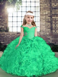 Green Fabric With Rolling Flowers Side Zipper Straps Sleeveless Floor Length Little Girls Pageant Dress Wholesale Beading and Ruffles