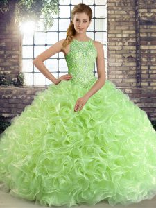 Scoop Sleeveless Ball Gown Prom Dress Floor Length Beading Fabric With Rolling Flowers