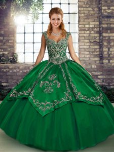 Green Quince Ball Gowns Military Ball and Sweet 16 and Quinceanera with Beading and Embroidery Straps Sleeveless Lace Up