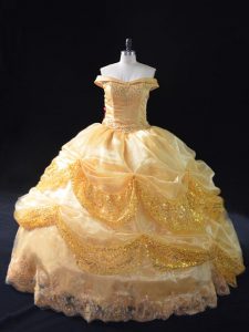 Inexpensive Floor Length Lace Up Sweet 16 Dress Gold for Sweet 16 and Quinceanera with Beading and Pick Ups