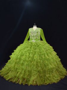 Olive Green Organza Lace Up V-neck Long Sleeves Floor Length Ball Gown Prom Dress Ruffled Layers
