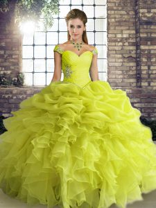 Glorious Yellow Green Ball Gowns Off The Shoulder Sleeveless Organza Floor Length Lace Up Beading and Ruffles and Pick Ups Quinceanera Gowns