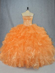 Orange Strapless Neckline Beading and Ruffles Sweet 16 Dresses Sleeveless Lace Up