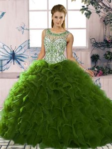 Simple Green Sleeveless Floor Length Beading and Ruffles Lace Up Quinceanera Gown