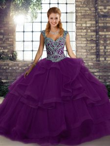 Trendy Straps Sleeveless Tulle Quinceanera Gown Beading and Ruffles Lace Up