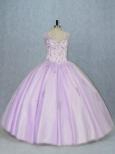 Popular V-neck Sleeveless Sweet 16 Quinceanera Dress Floor Length Beading Lavender Tulle