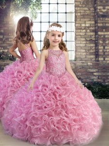 Lovely Sleeveless Floor Length Beading Lace Up Kids Formal Wear with Pink