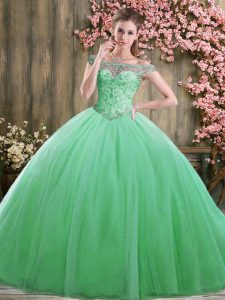 Stylish Green Ball Gowns Tulle Off The Shoulder Sleeveless Beading Floor Length Lace Up Quinceanera Gown