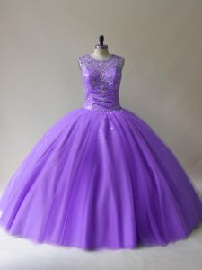 Best Selling Sleeveless Tulle Floor Length Lace Up Sweet 16 Dress in Lavender with Beading
