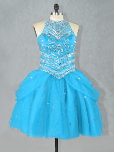 Mini Length Aqua Blue Evening Dress Halter Top Sleeveless Lace Up