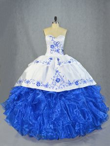 Blue And White Lace Up Sweet 16 Dress Beading and Embroidery and Ruffles Sleeveless Brush Train