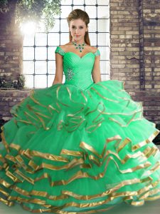 Floor Length Lace Up Sweet 16 Quinceanera Dress Turquoise for Military Ball and Sweet 16 and Quinceanera with Beading and Ruffled Layers